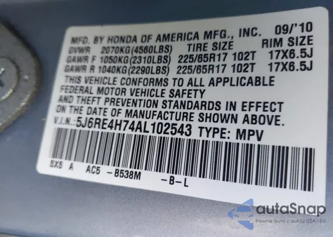 2010 Honda Cr-V Ex-L z USA, uszkodzony, nr VIN 5J6RE4H74AL102543